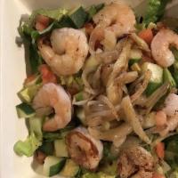 Shrimp & Fennel Salad · Sautéed Gulf Shrimp with braised fennel and onions,avocado, tomatoes, cucumbers on a bed of ...