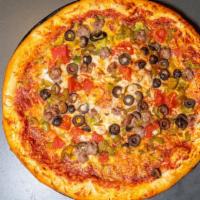 Taco Pizza · Taco meat, taco seasoning,  black olives, green peppers, topped with cheddar and Mozzarella ...