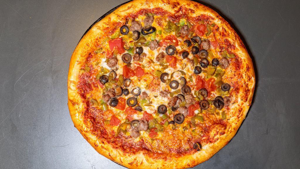Taco Pizza · Taco meat, taco seasoning,  black olives, green peppers, topped with cheddar and Mozzarella cheese.