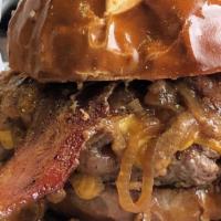 Labor Inducer Burger · Certified angus beef, Bavarian mustard, American cheese, bacon, peach caramelized onion, Caj...