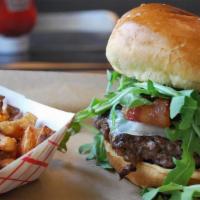 The Subourbon  · Certified Angus Beef, sharp white cheddar, blackberry bourbon sauce, candied bacon, arugula.