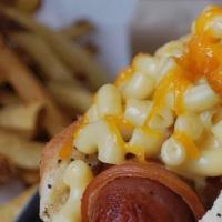 Mac Daddy Hotdog · Deep fried, honey cured bacon wrapped, topped with mac n cheese.