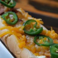 Jalapeno Popper Dog  · Bacon-wrapped, deep fried Mackenthun's natural casing hotdog, jalapeno cream cheese, shredde...