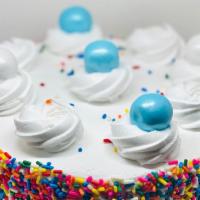 8In Marble Whipped Cake  · 8in Marble cake with whipped topping, sprinkles and Gumballs