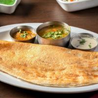 Masala Dosa · Vegan and gluten-free. A thin golden crepe stuffed with spiced Potato and Onion, served with...