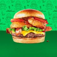 Super-Veg-E-Licious Burger · Meatless burger patty, meatless bacon, cheddar cheese, onion rings, lettuce, tomato, and BBQ...