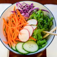 House Salad · Cabbage, carrot, Celery, lettuce, kale with oriental dressing.