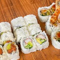 Trio A · California roll, spicy tuna roll, shrimp tempura roll.