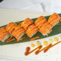 Pop Up Roll · Crabmeat, cucumber, avocado inside, spicy salmon on top with spicy mayo sauce