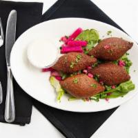 Fried Kibbee · Kibbee Stuffed with onions, sauteed beef, herbs, and spices, served with yogurt (four pieces).