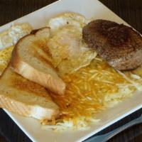 Steak And Eggs* · Grilled sirloin, two eggs, and hashbrowns. Served with toast.