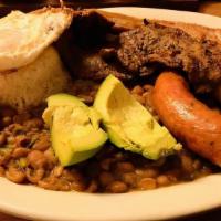 Bandeja Paisa · Char-broiled, Colombian-style cut rib-eye steak served with fried pork belly, chorizo, rice,...