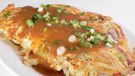 Roast Pork Egg Foo Young · Served with rice.