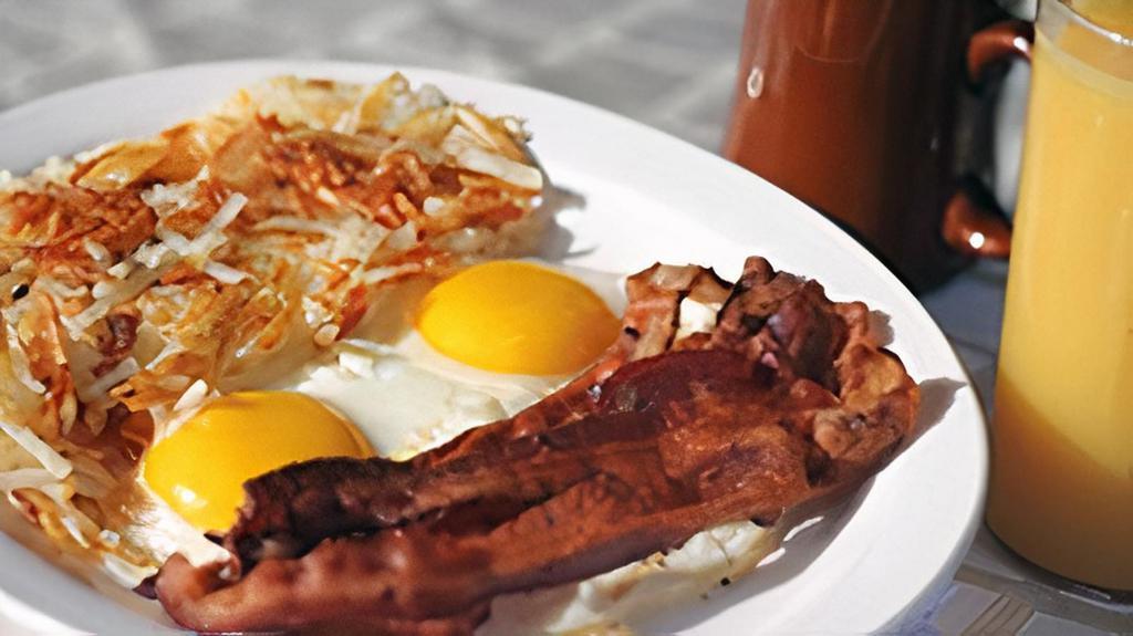 Two Eggs Meal · Add bacon or sausage links; ham or Canadian bacon or smoked sausage for a cost.