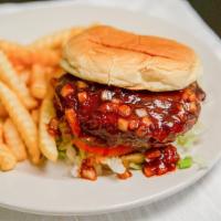 Hickory Burger · Head country BBQ sauce, lettuce, tomato, grilled onions, pickle.
Note: 1/2 lb Burger