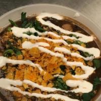 Vegetarian Chili · CHILI IS TOPPED WITH SOUR CREAM, CILANTRO MIX AND MAGIC TORTILLA DUST