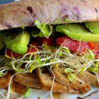 Baked Wu · Smoked tofu, cream cheese, roasted red peppers, avocado, sprouts.