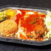 Chile Relleno · Poblano pepper stuffed with cheese, batter-dipped, and pan-fried. Topped with salsa Ranchera...