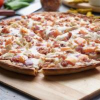 Bbq Chicken Pizza · This pizza has our signature BBQ sauce, fresh diced mozzarella cheese, crisp red onions, jui...