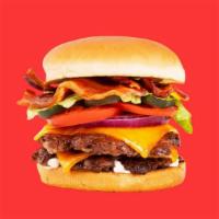 Double Bacon Cheeseburger · Two beef patties, two slices of American cheese, bacon, tomato, lettuce, onion, pickles, mayo
