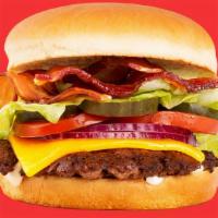 Bacon Cheeseburger · Beef patty, American cheese, bacon, tomato, lettuce, onion, pickles, mayo