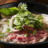 Beef Pho · Rice noodles, Red onions, scallion, cilantro, 
bean sprout, basil leave, Lime,  jalapeño. Co...