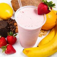 Strawberry Banana Classic · Skim milk, 1/2 banana, strawberry, strawberry protein.