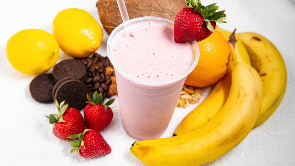 Strawberry Banana Classic · Skim milk, 1/2 banana, strawberry, strawberry protein.