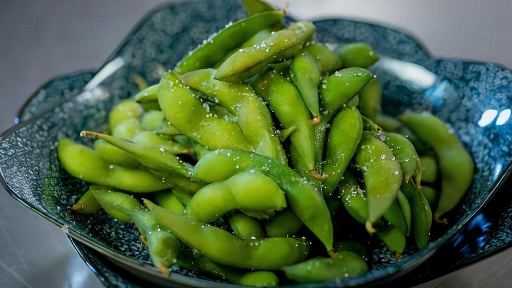 Edamame · Vegan. Soybeans steamed in the pod, finished with flakey kosher salt. Allergens: soy.