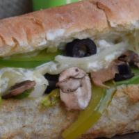 Half Meatless Masterpiece · Cream cheese, pepperjack cheese, swiss cheese, mushrooms, green peppers, onions and black ol...