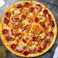 Meet The Meat Pizza · Mozzarella, pepperoni, chicken, and sausage baked on a hand-tossed dough