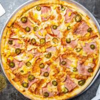 Fiery Hawaiian Pizza · Fresh pineapples, ham, mozzarella, and spicy jalapenos baked on a hand-tossed dough