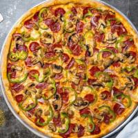 Pepperoni & Mushroom Affair Pizza · Pepperoni, mushrooms, mozzarella, marinara, chopped garlic, fresh basil, and extra virgin ol...