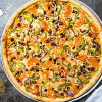 Vibrant Veggie Pizza · Bell peppers, mushrooms, kalamata olives, spinach, broccoli, and feta cheese baked on a hand...