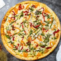 Scrumptious Spinach Pizza · Spinach, garlic, mozzarella, and red pepper baked on a hand-tossed dough.