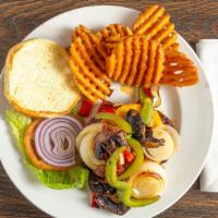 Michael'S Gourmet Burger · Char-grilled burger, grilled onions, mushrooms, peppers and American cheese on a hamburger b...