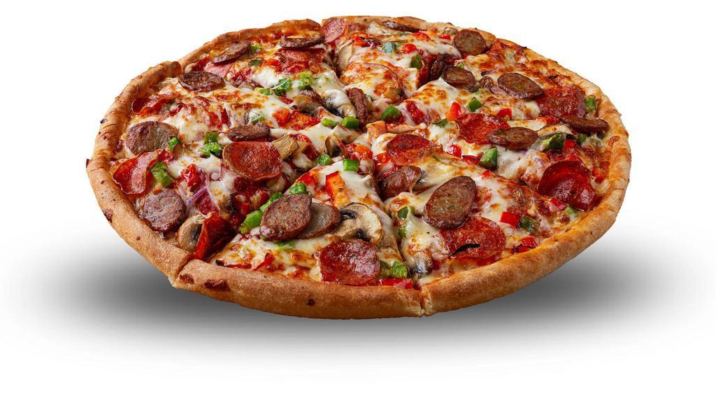Supreme Pizza · Pizza sauce, pepperoni, mushrooms, onion, green pepper, red pepper, Italian sausage, and our cheese mix.