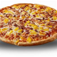 Hawaiian Pizza · Pizza sauce, Canadian ham, pineapple, crumbled bacon, cheddar cheese and cheese mix.