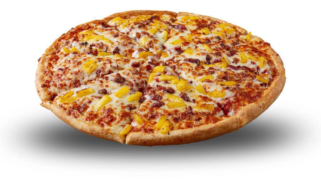 Hawaiian Pizza · Pizza sauce, Canadian ham, pineapple, crumbled bacon, cheddar cheese and cheese mix.