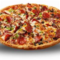 Super Special Pizza · Pizza sauce, pepperoni, mushrooms, green peppers, black olives, bacon, and our cheese mix.