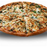 Alfredo Spinach Pizza · Alfredo sauce, spinach, garlic, Parmesan and riccota cheese, and our cheese mix. Veggie.