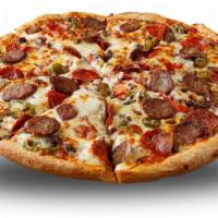 Hot Josy'S Pizza · Pizza sauce red crushed pepper, pepperoni, salami, ground beef, jalapeño pepper, Italian sau...