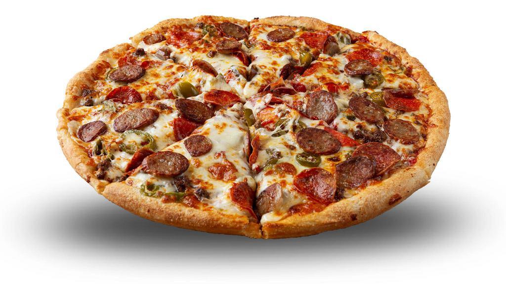 Hot Josy'S Pizza · Pizza sauce red crushed pepper, pepperoni, salami, ground beef, jalapeño pepper, Italian sausage, cheese mix.