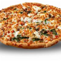Florence Pizza · Pizza sauce, spinach, garlic, tomato, ricotta cheese and cheese mix. Veggie.