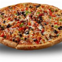 Vegetarian Pizza · Pizza sauce, onion, green and red peppers, tomato, black olives, mushrooms, and our cheese m...