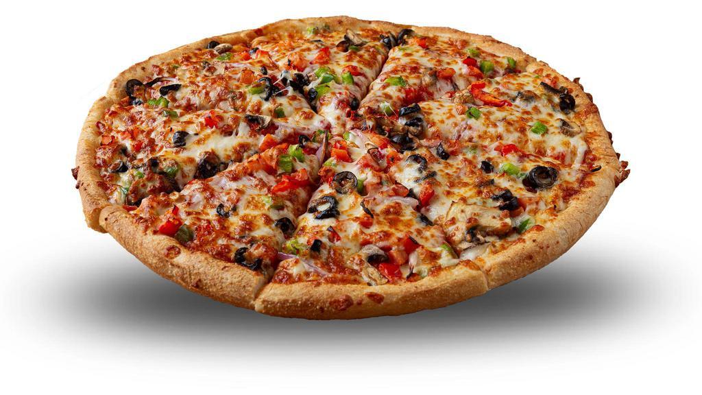 Vegetarian Pizza · Pizza sauce, onion, green and red peppers, tomato, black olives, mushrooms, and our cheese mix.