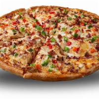 Santa Fe Chicken Pizza · Chipotle ranch, grilled chicken, green pepper, red pepper, onion, crumbled bacon, cheddar ch...