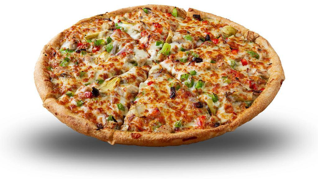 Pesto Lovers Pizza · Pesto sauce, sun-dried tomatoes, grilled chicken, onion, green pepper, red pepper, artichoke hearts, Parmesan cheese, cheddar cheese, and our cheese mix.