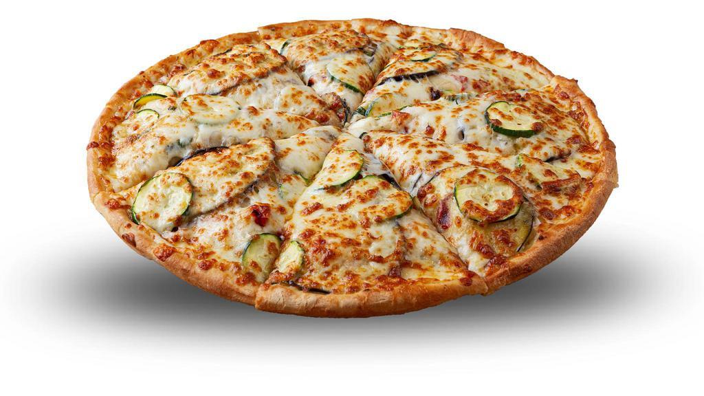 Mediterranean Pizza · Olive oil, fresh basil, zucchini, eggplant, sun-dried tomatoes, Parmesan cheese, and our cheese mix. Veggie.