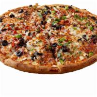 Greek Pizza · Pizza sauce, ground beef, onion, green pepper, tomatoes, black olives, feta cheese, and chee...